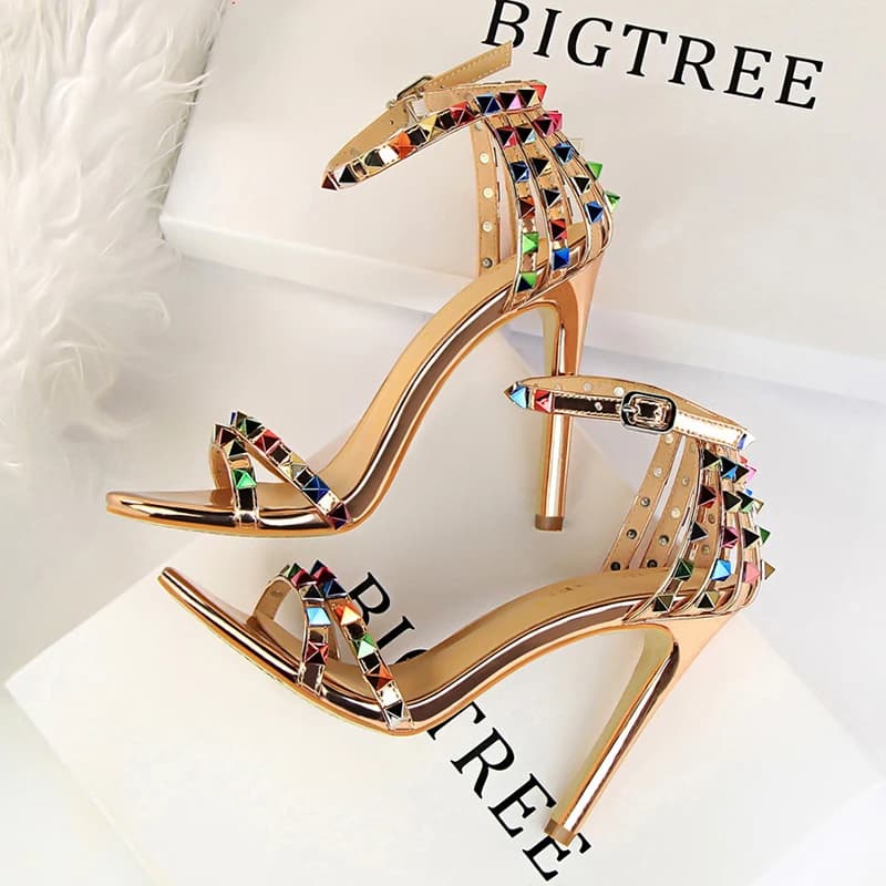BIGTREE chaussures couleur Rivets femmes sandales Style romain sandales à talons évider talons hauts Stiletto Sexy chaussures de fête sandales