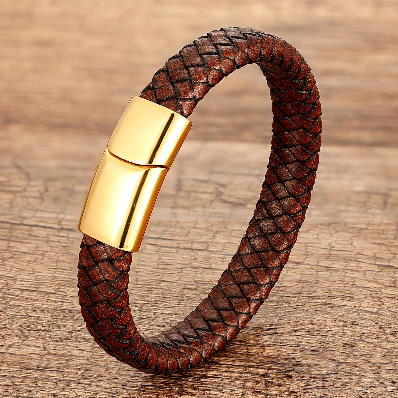 Mode hommes bijoux marron tressé en cuir corde Bracelet charme en acier inoxydable boucle magnétique Bracelets Punk hommes Bracelet cadeau