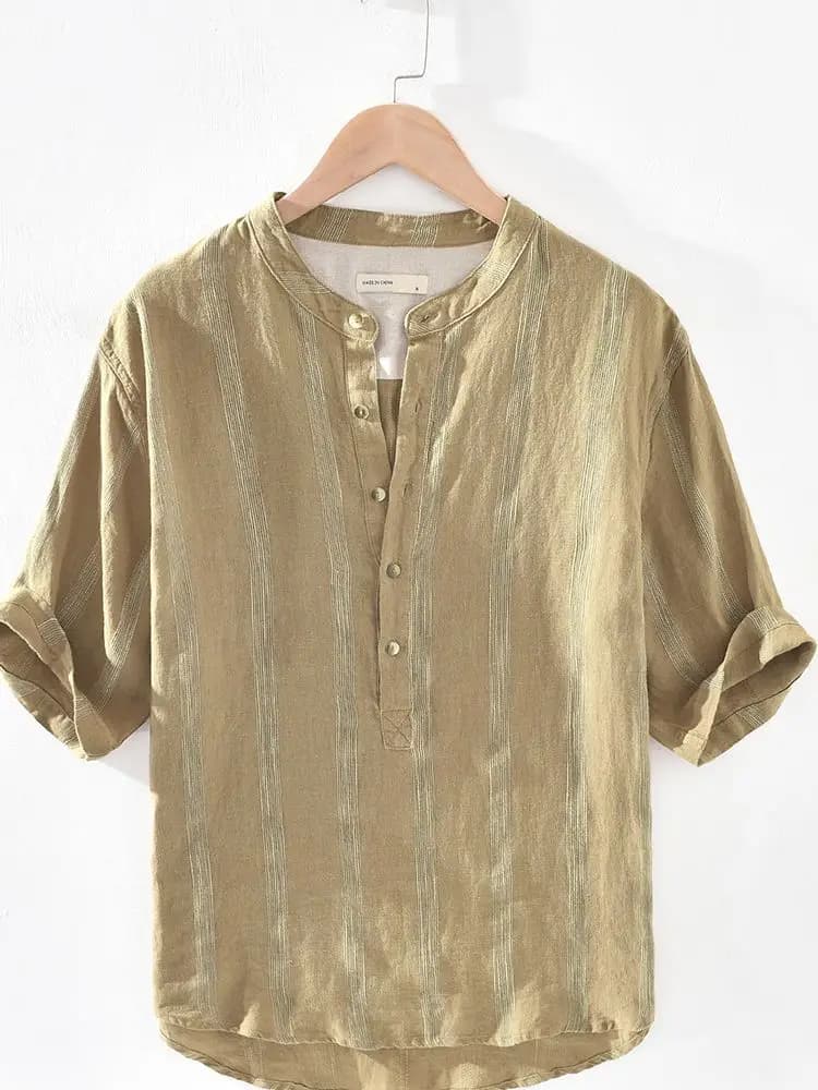 Chemise rayée à col montant pour homme, tenue décontractée et confortable, à la mode, en lin et noir, collection été 100%