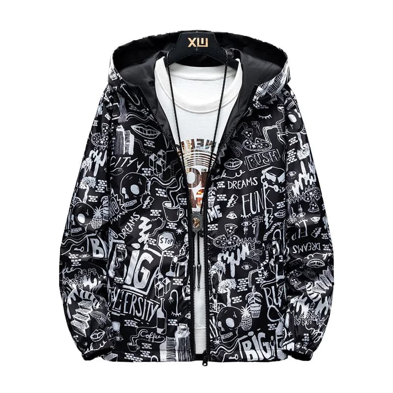 Strewear Graffiti Imprimé Mode Réversible Veste Hommes Mince À Capuche Vestes Coupe-Vent Vêtements Plus La Taille M-5XL