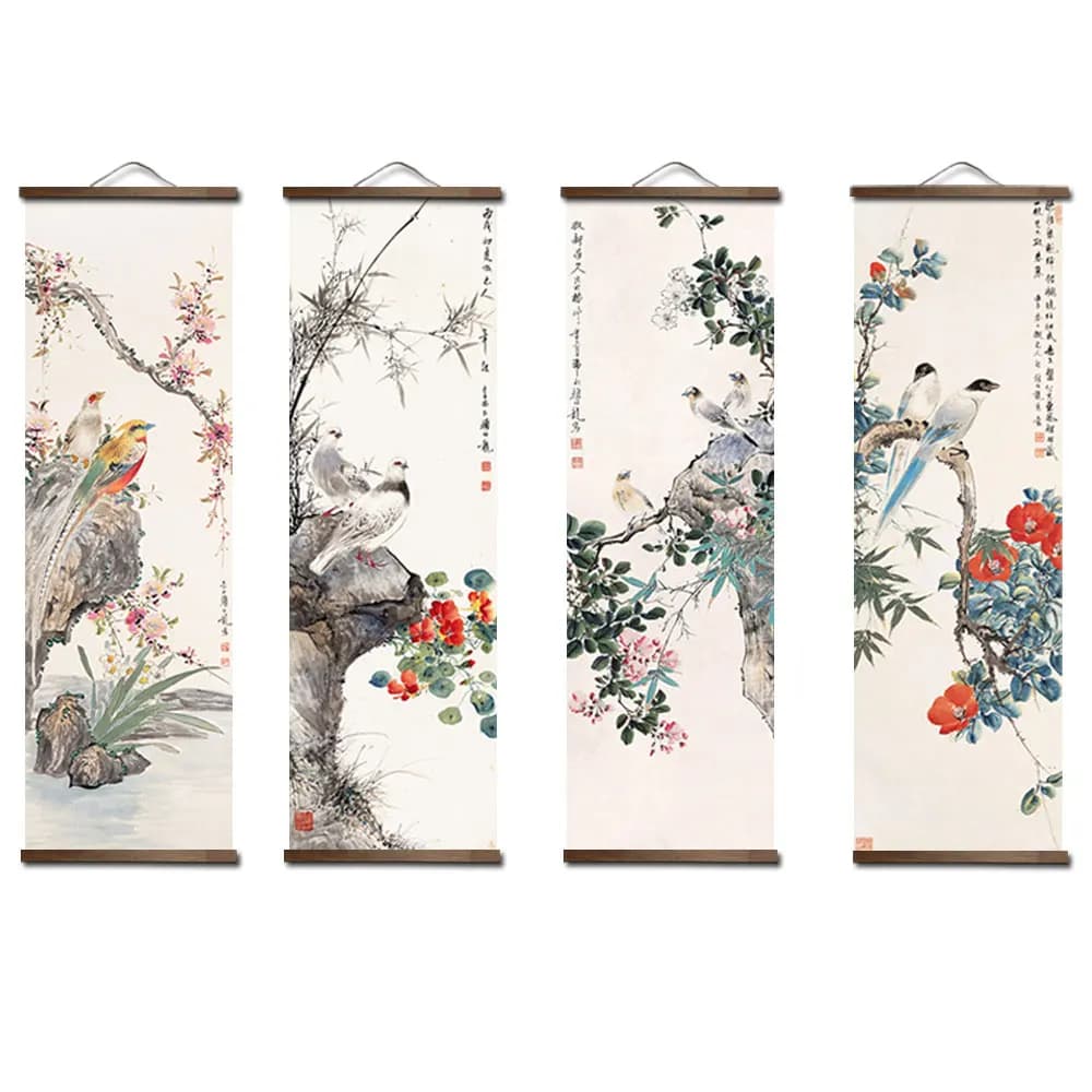 Peinture sur toile décorative de style chinois personnalisée, plantes vertes, animal, oiseau, chambre à coucher, salon, art mural, bois massif