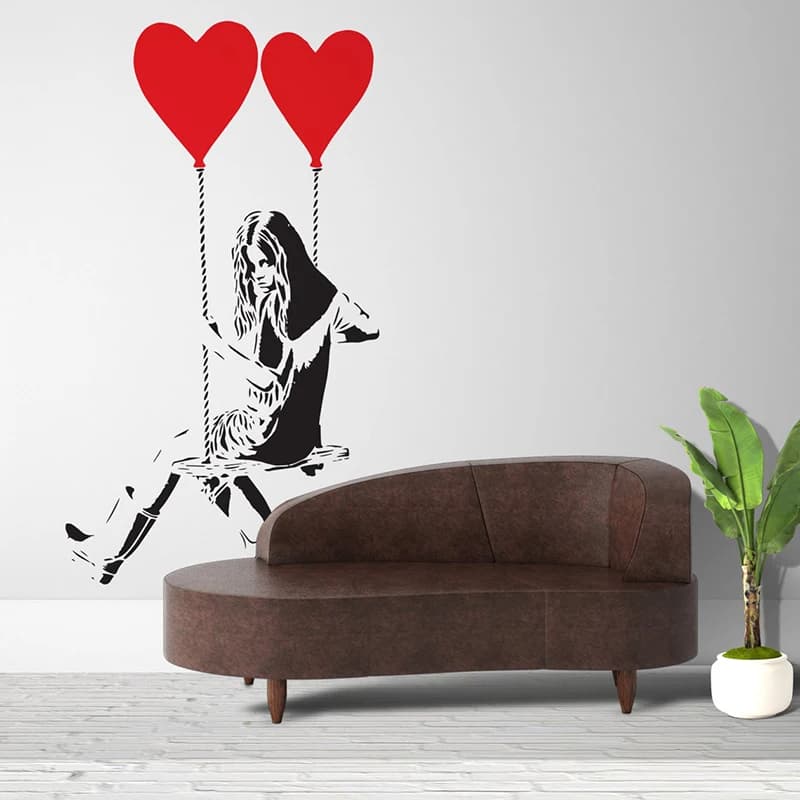 Banksy Swing fille avec coeur ballon autocollant mural chambre d'enfants salon Graffiti ballon Air chaud Pop Art fille autocollant mural
