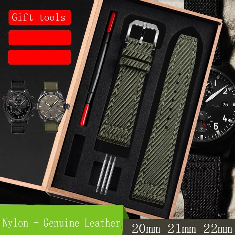 Nylon + bracelets de montre en cuir véritable hommes femmes vert noir bracelet de montre de haute qualité avec boucle ardillon argentée 20mm 21mm 22mm