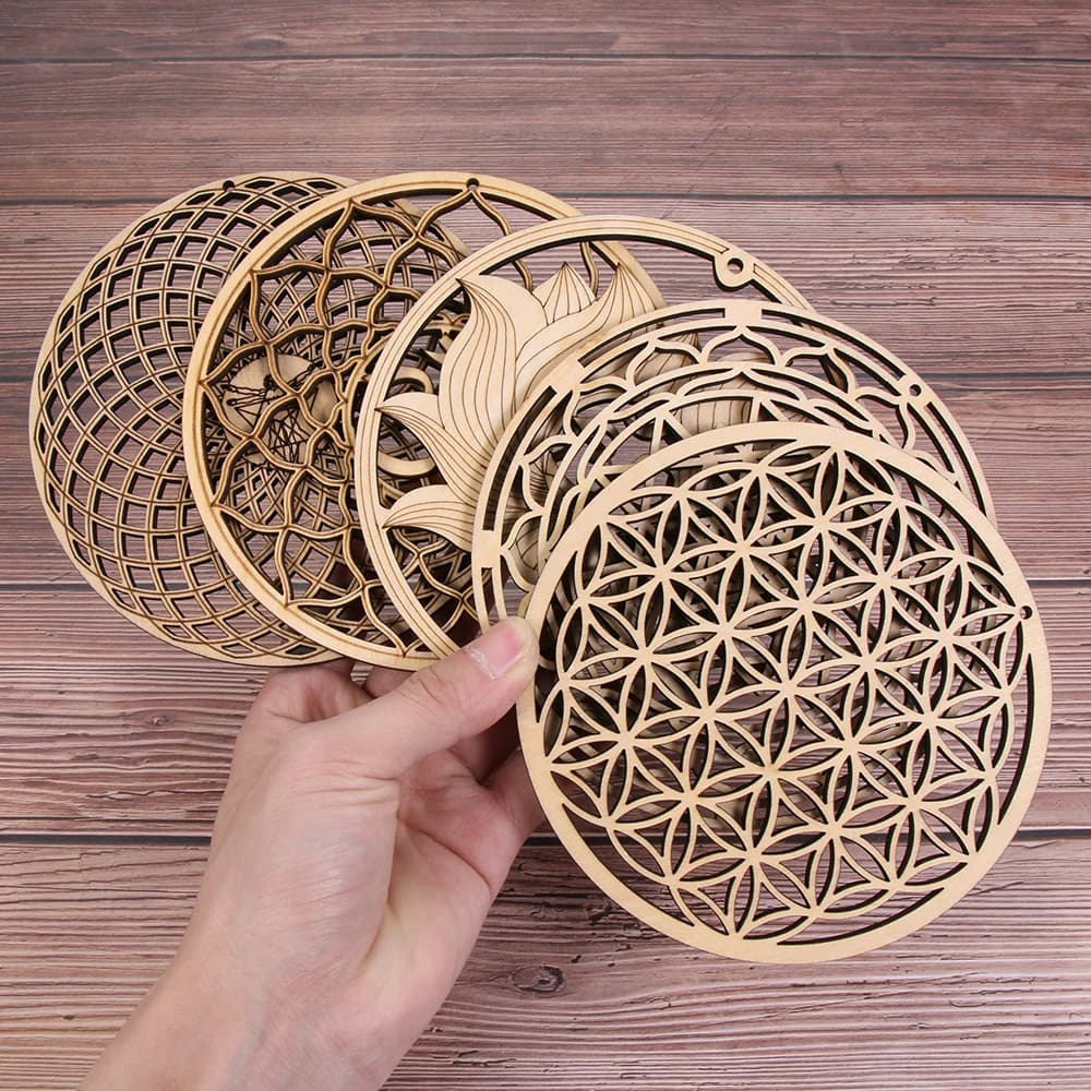 Dessous de verre sculpté pour pierre et cristal, fleur de vie Chakra, symboles naturels, bord rond en bois, ensemble de bricolage, décor de cuisine à la maison, nouveau