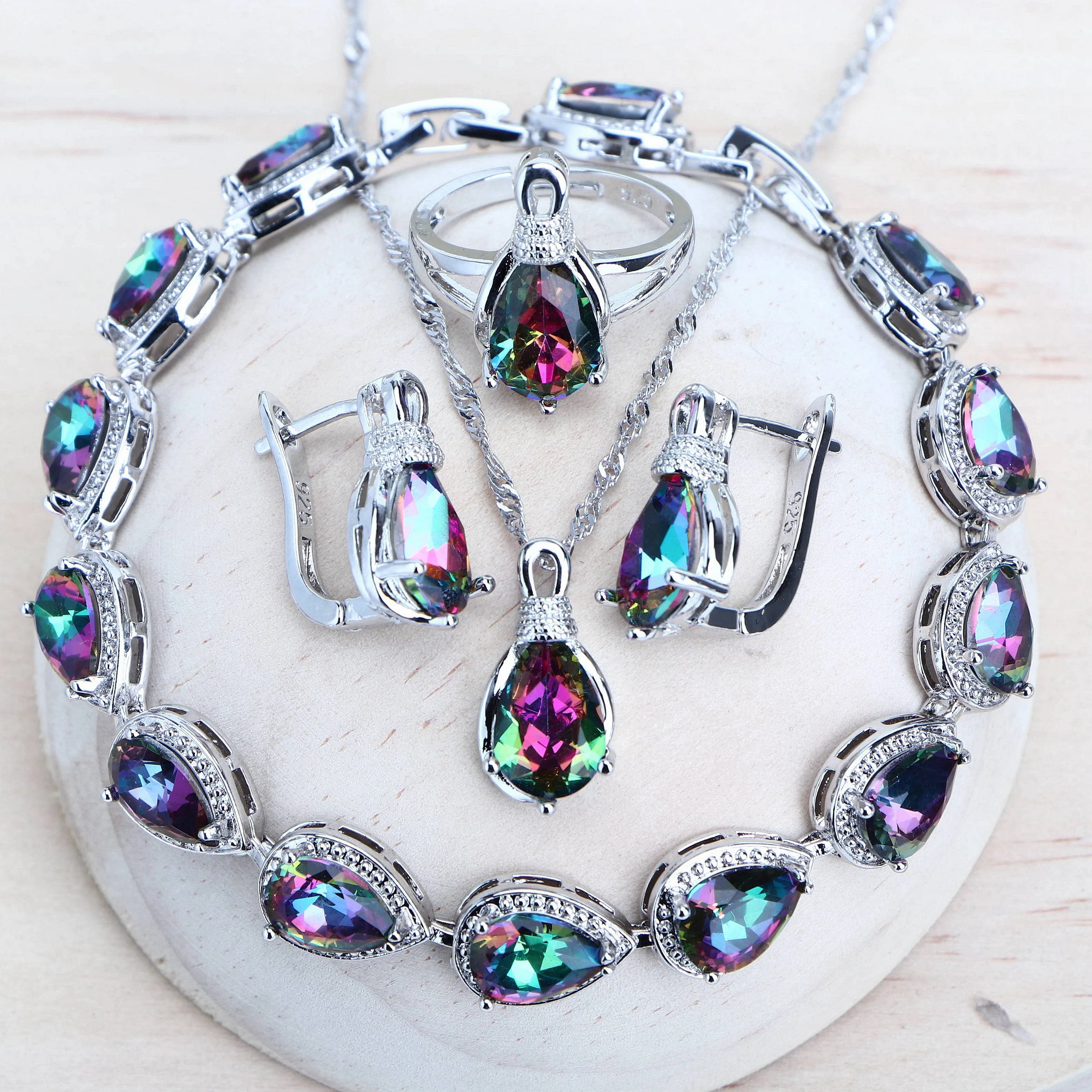 Ensemble de bijoux de mariée en argent 925 pour femmes, bijoux de Costume de mariage, boucles d'oreilles en zircone cubique arc-en-ciel, bagues, Bracelets, pendentif, collier