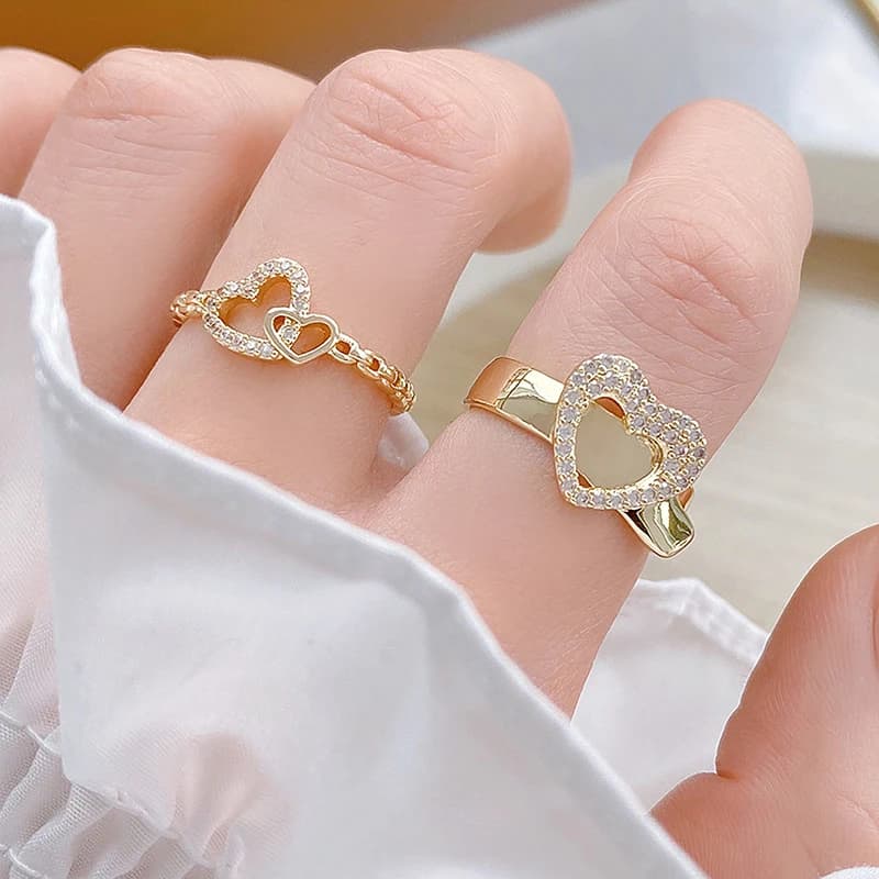 Bague plaquée or véritable 14 carats pour femme, forme de coeur d'amour, conception ouverte, 3 couches, bijoux mignons, accessoires pendentif, mode simple