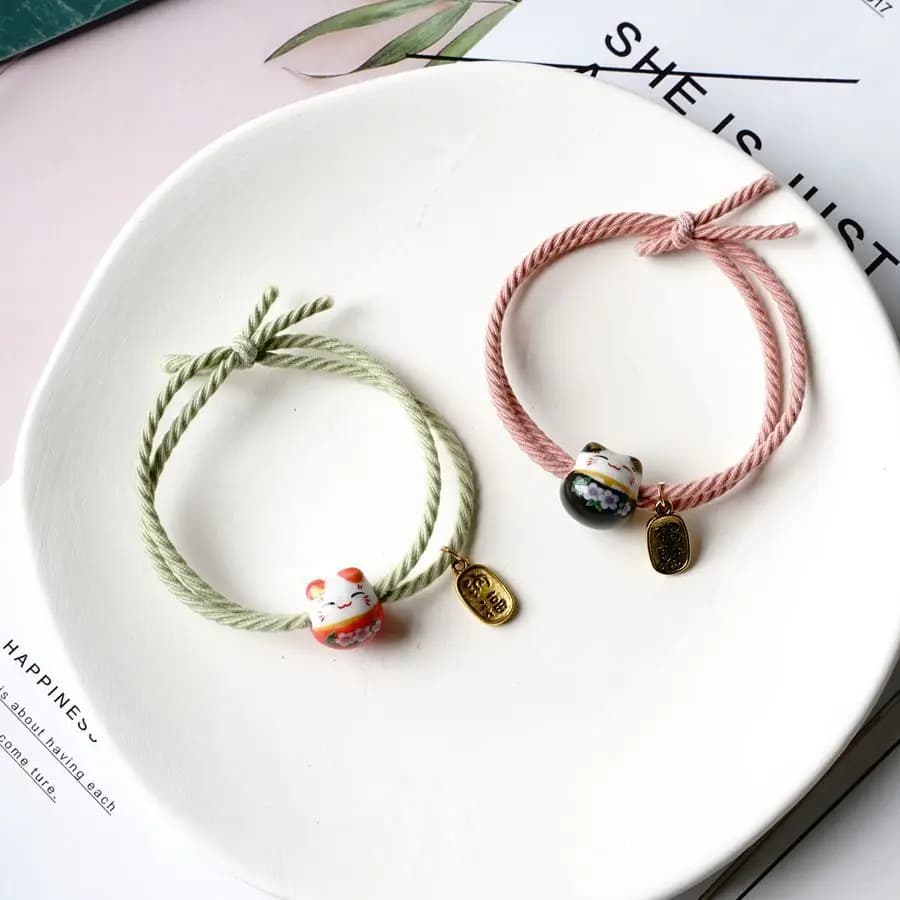 Bandes de cheveux en céramique chat porte-bonheur, corde élastique, bande en caoutchouc, anneau de cheveux, bijoux # MZ203
