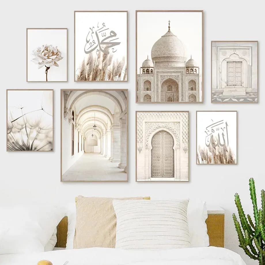 Affiche Beige Islamique pour Décoration de Maison, Toile Imprimée, Mosquée, Porte du Maroc, Citations de Fleurs, Peinture Artistique Murale, Image de Bohême