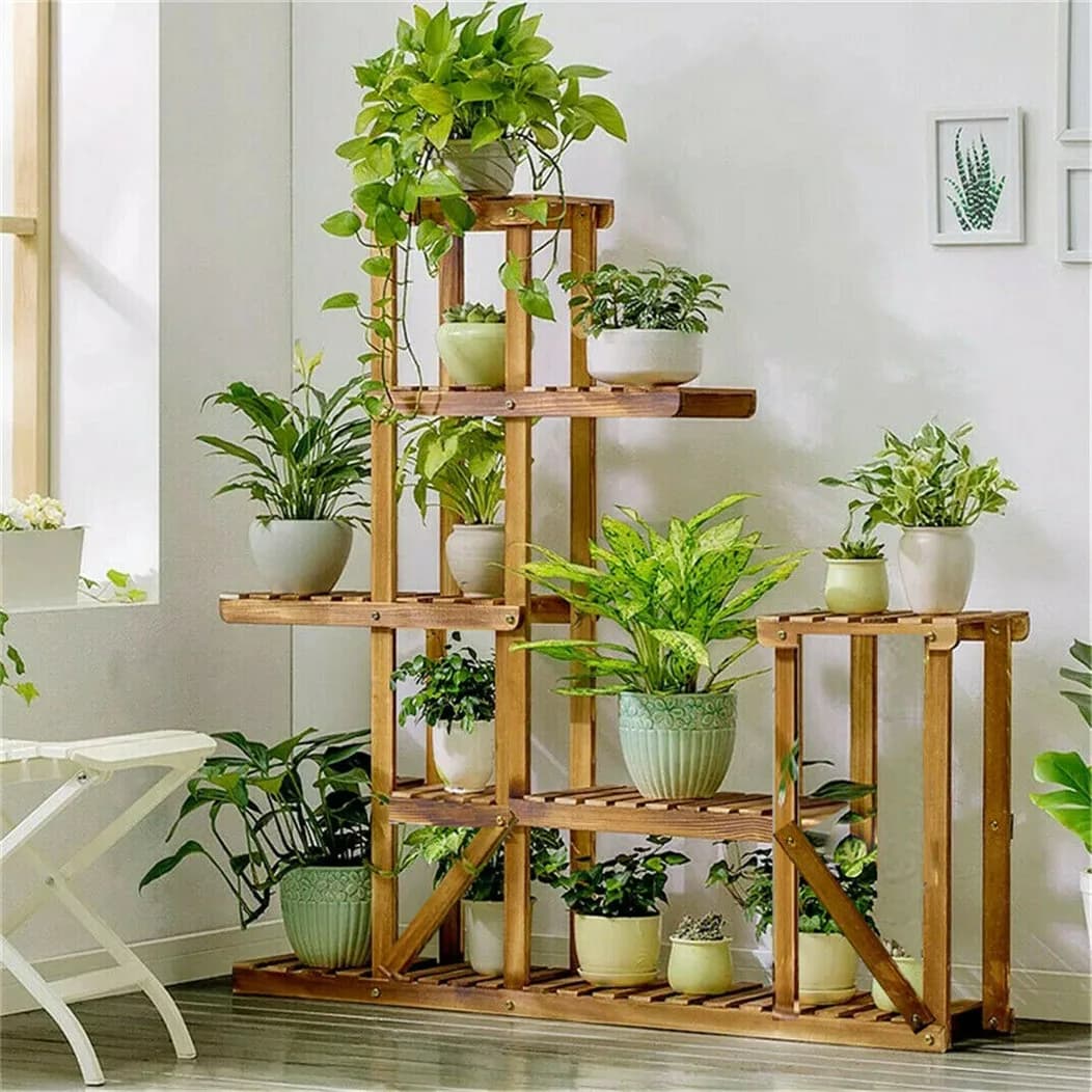 Présentoir de plantes en bois à 6 niveaux, étagère à fleurs, pots de jardinière, étagères T1, présentoir pour plusieurs plantes, intérieur, extérieur, jardin.