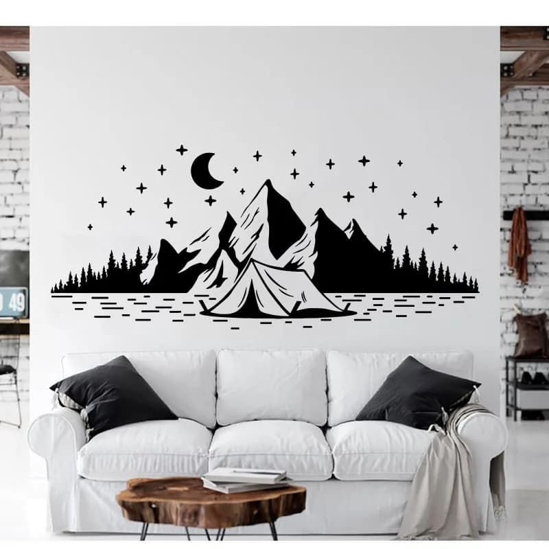 Grand autocollant mural en vinyle pour chambre d'enfant, camping-car, camping-car, voyage, montagne, étoile, lune, exploration de la jungle, forêt, nature, décalcomanie, décor