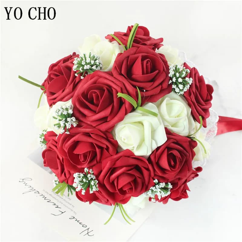 YO CHO Bouquet de Mariée Pas Cher en PE, Roses Artificielles Rouges en Mousse, Ruban, Faux Bouquet de Mariage Personnalisé