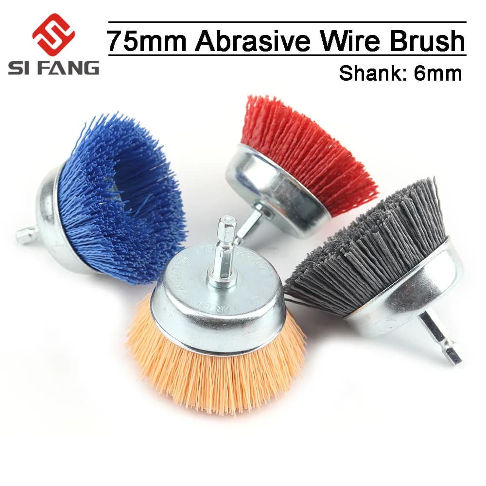 Brosse à roue métallique en nylon pour perceuse, 75mm, outil lointain, polissage du bois, ébavurage, tige de 6mm avec uant KampGrit