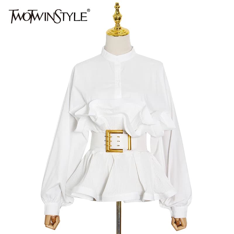 TWOTWurea YLE-Chemisier patchwork à volants pour femme, col montant, manches longues, tunique coréenne élégante, mode féminine, nouveau