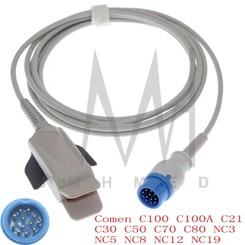 Compatible avec le capteur spo2 de Comen C100 C100A C21 C30 C50 C70 C80 NC3 NC5 NC8 NC12 NC19, câble d'oxymétrie pour moniteur Patient 12 broches
