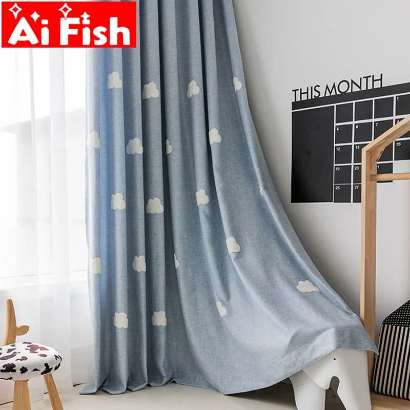 Rideau de fenêtre en tissu bleu nuage brodé, pour salon d'enfants, dessin animé, chambre de garçons et de filles, baie vitrée # 3
