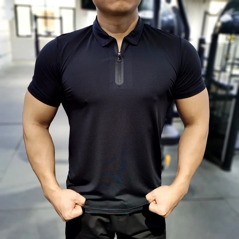 Polo élastique sportif à manches courtes pour hommes, chemise de course, t-shirt à glissière, jogging en plein air, entraînement de gym en Y, coupe sèche, entraînement sportif