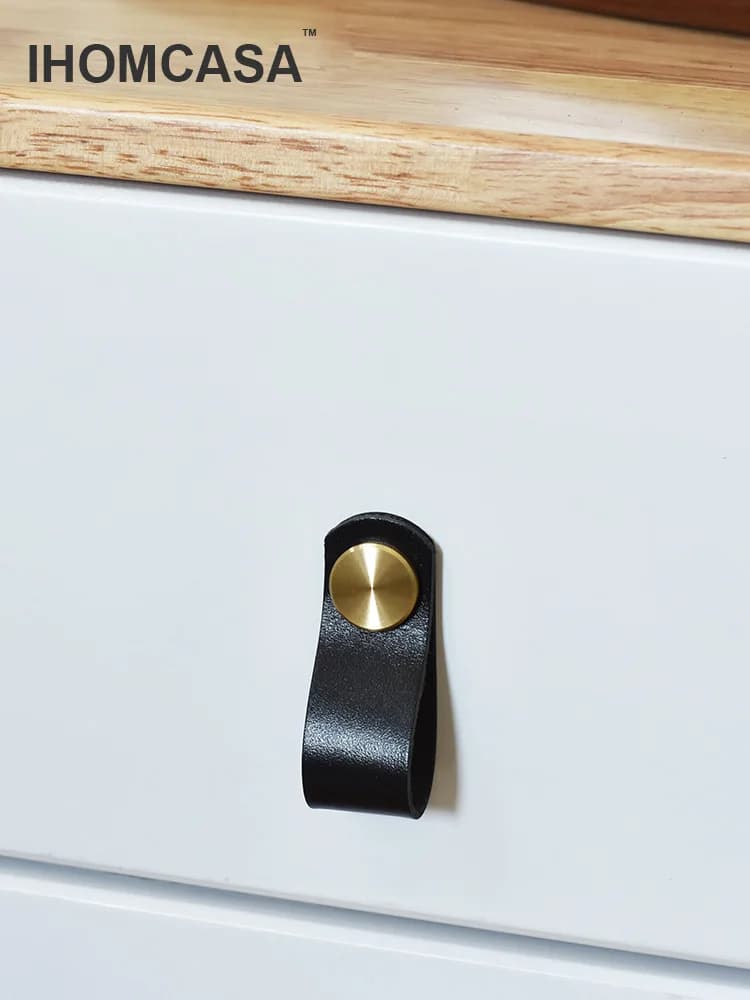 Poignées de porte en laiton, Style nordique, en cuir de vache noir italien, pour placard, armoire, tiroir de cuisine