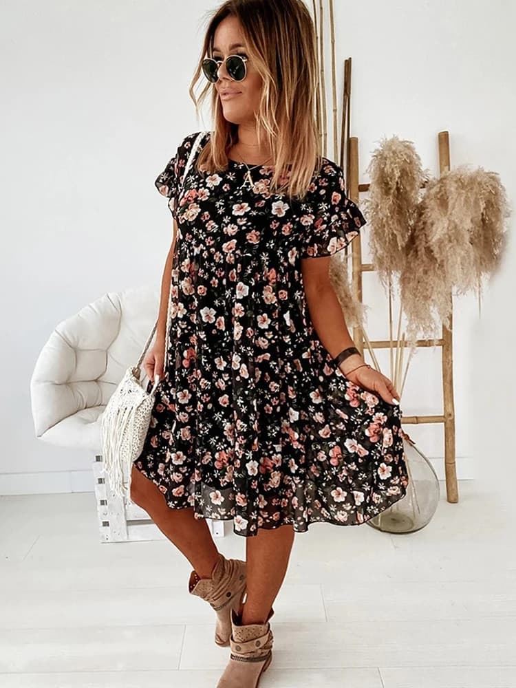 Robe d'été décontractée à imprimé floral pour femmes, 2021, style Boho, manches courtes, mode féminine, volants