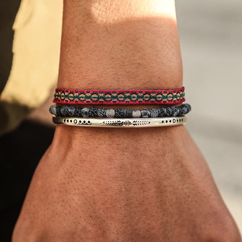 Chaîne de corde de bouddha tibétain, pierre naturelle bleue, perles patinées pour hommes, 3 pièces/ensemble, Bracelet réglable plaqué argent, bijoux cadeau