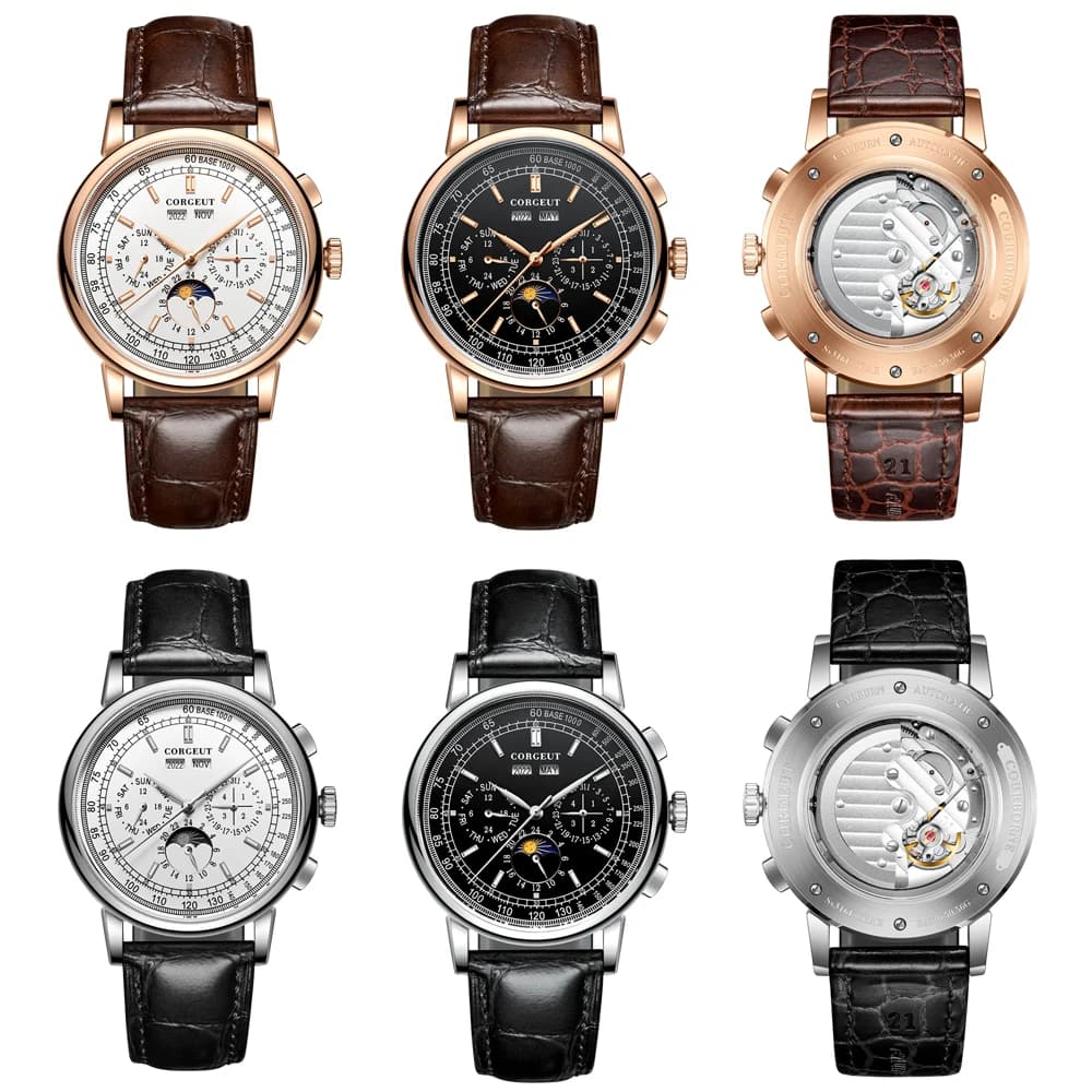 Corgeut – montre de luxe en cuir pour hommes, horloge automatique, multifonction, saison de lune, année, jour, semaine, Sport