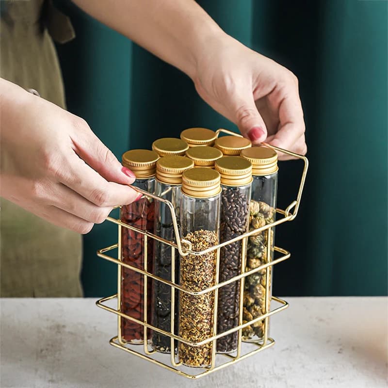 Mir de rangement moderne avec 9 couvercles en aluminium, étagère en métal doré HI, caddie à thé, grains de café, bocal à bonbons