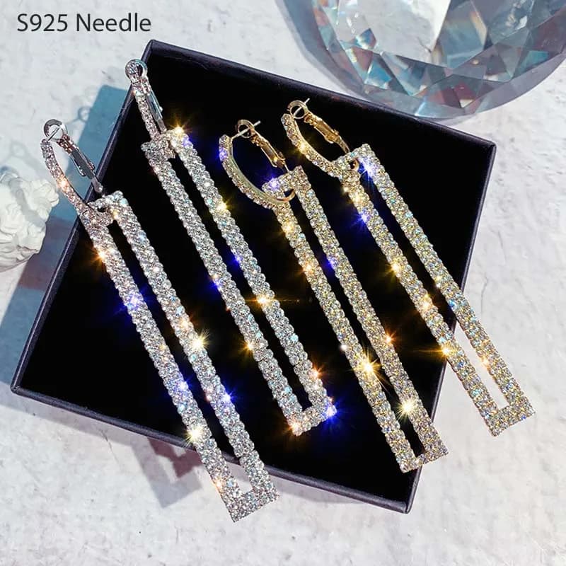 Boucles d'oreilles longues pendantes en argent pour femmes, bijoux de déclaration, brillant, rectangulaire, Punk Rock