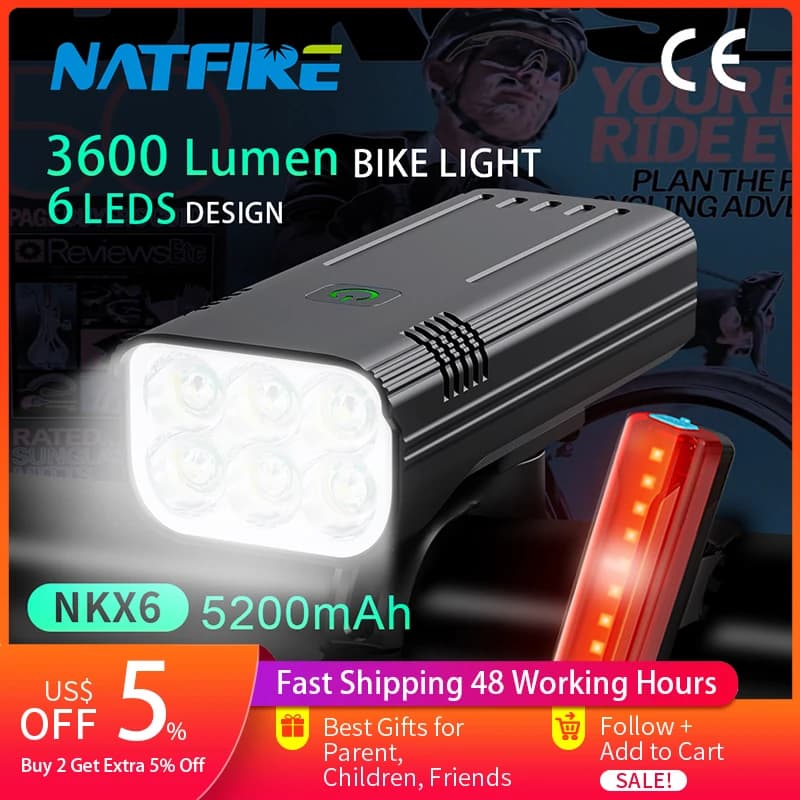 NATFIRE 6 LED lumière de vélo 3600 Lumen lampe de vélo Rechargeable lampe de poche avant et arrière feu arrière pour extérieur vtt cyclisme sur route