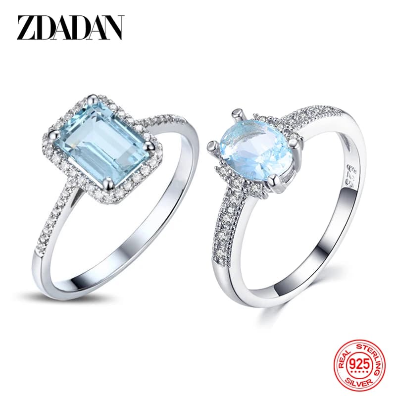ZDADAN-Bagues CZ carrées en argent regardé 925 authentiques pour femmes, bleu clair, cadeau de bijoux de fiançailles de mariage
