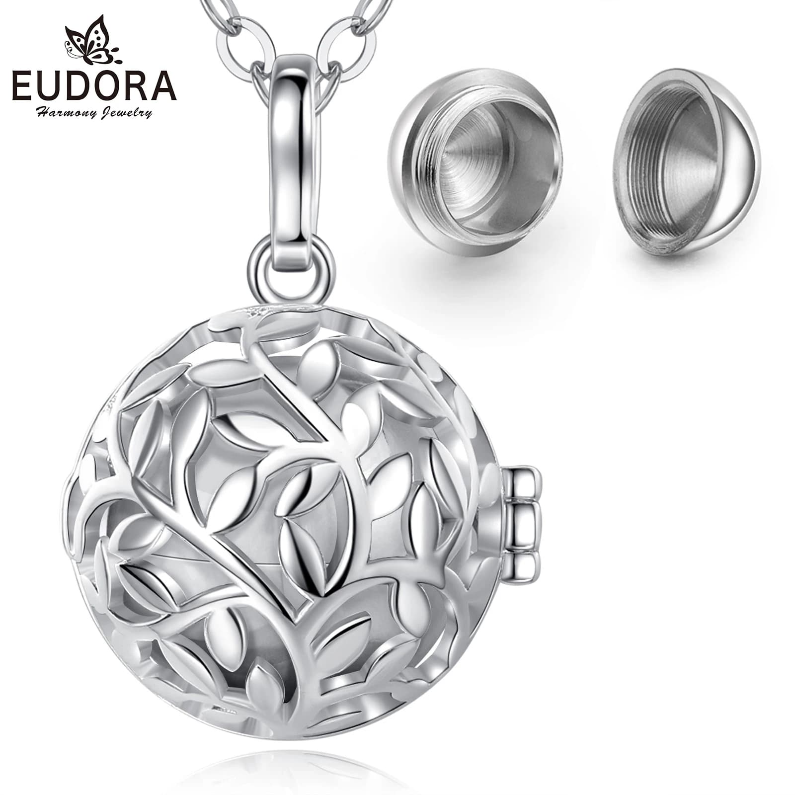 EUDORA Pendentif urne funéraire 18mm, médaillon cage feuille d'olivier, porte-cendres, capsule souvenir, collier boule creuse, bijoux DIY K332n14