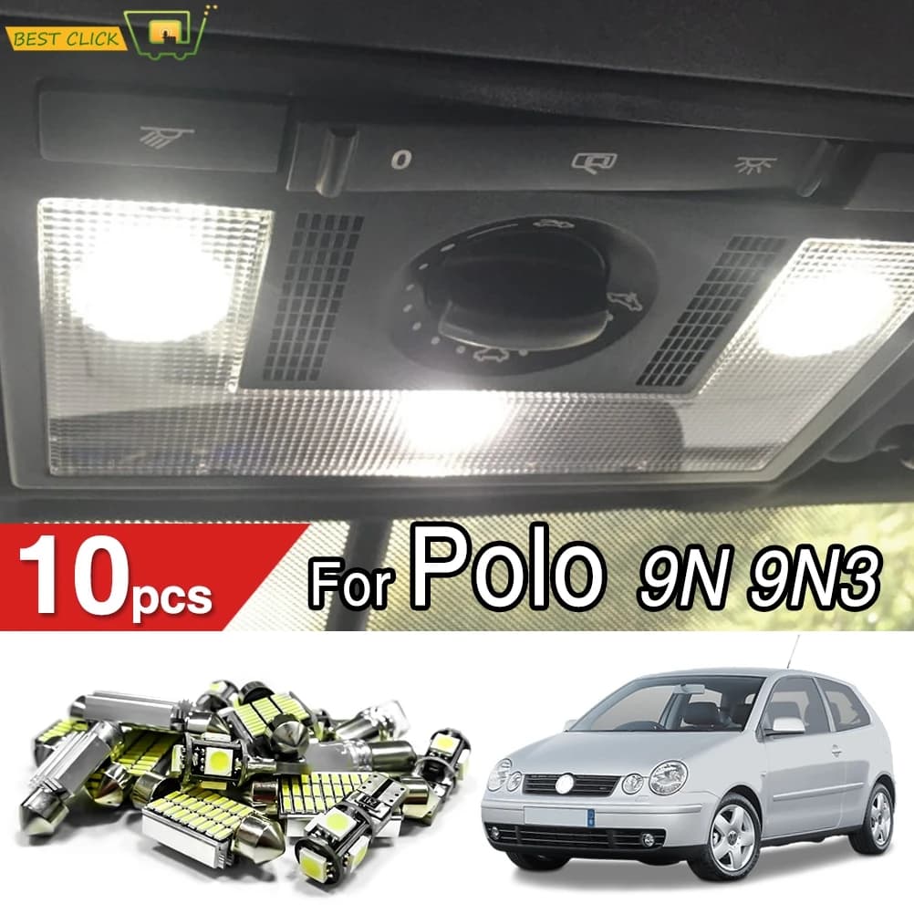 Ampoule LED Canbus pour voiture, 10 pièces, pour Volkswagen VW POLO 9N 9N3 2002 2003 – 2009, éclairage intérieur sans erreur, dôme de carte