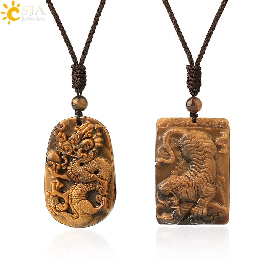 CSJA pierre naturelle jaune oeil de tigre colliers pour hommes sculpture renard Dragon bouddha collier pendentif énergie de guérison bonne chance G716