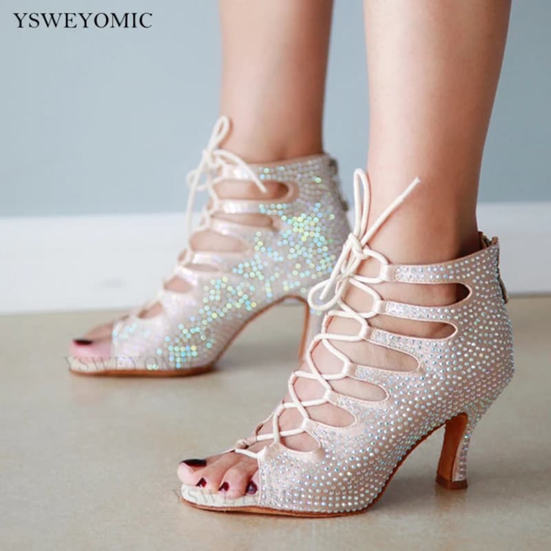 Chaussures de danse latine pour femmes, chaussons de salle de Rh, semelle extérieure en daim, document beige, chaussures de phtalsite à la mode, Rotterdam Kly Rhionstones, Salsa
