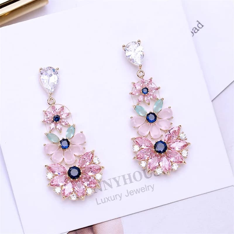 Boucles d'oreilles pendantes en cristal bohème pour femmes, goutte de goutte de document en argent, bijoux de style casque rose, mode de luxe