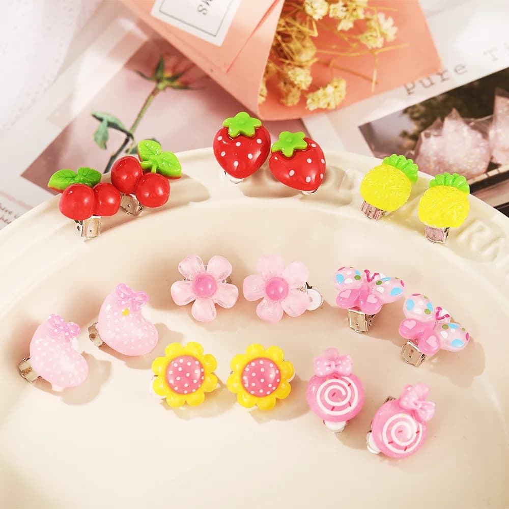 Boucles d'oreilles animaux de dessin animé/fruits/papillon, boucles d'oreilles à Clip pour enfants, en résine, sans Piercing, pour enfants