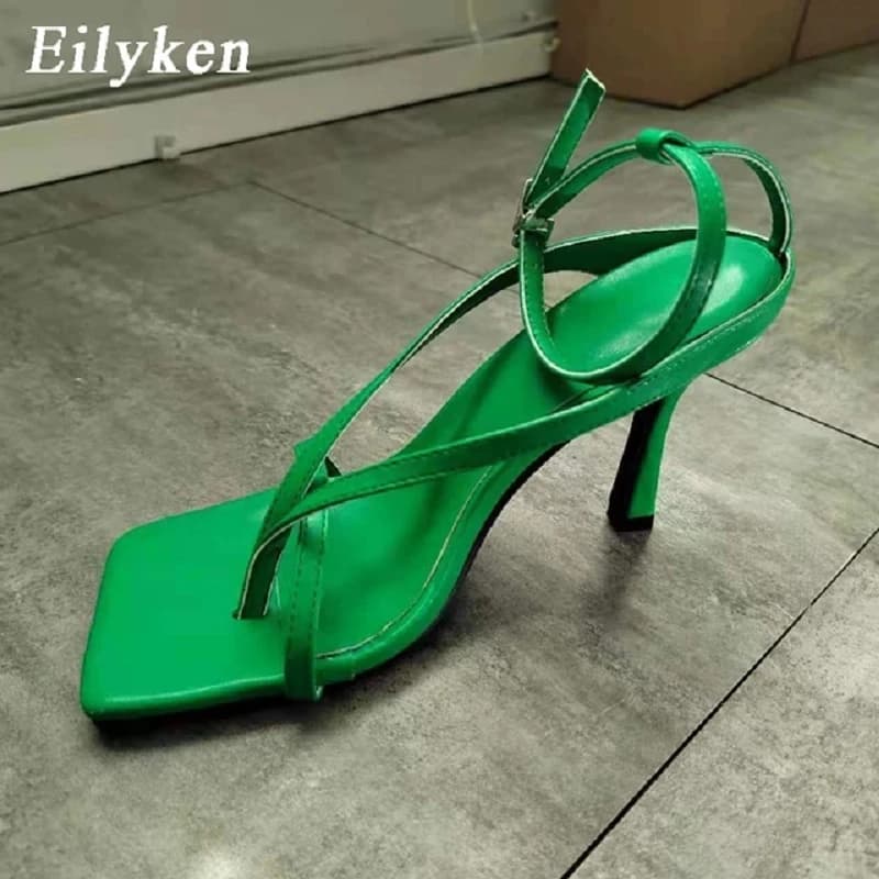 Eilyken-Sandales gladiateur à bande étroite pour femme, chaussures à talons hauts fins, élégantes, carrées, Parker, rinçage, sangle, escarpins de fête, nouvelle mode