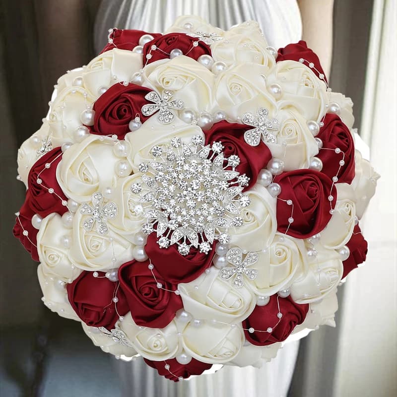 Bouquet de mariage rouge vin avec perle, 1 pièce/lot, pour fête de mariage