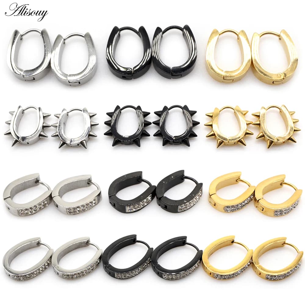 Alisouy 2 pièces Boucles d'oreilles créoles Huggies en acier inoxydable avec motif en U, rivets ovales et cônes en cristal, unisexe, bijoux de piercing