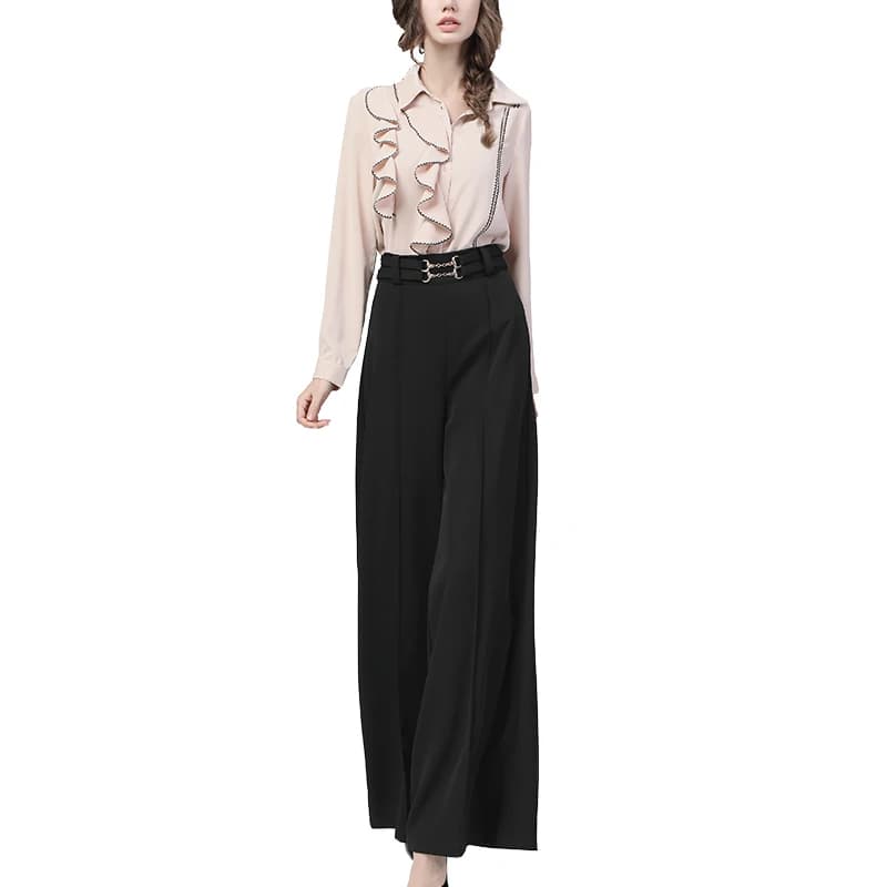 Pantalons larges noirs pour femmes, été, taille haute, coupe droite, décontractés, élégants, pantalons palazzo ajustés