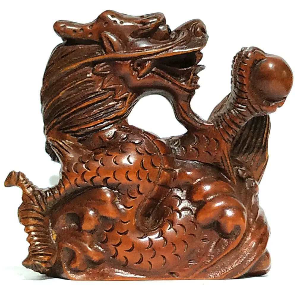 CQ064 – sculpture à la main de buis japonais, 2 pouces, Netsuke : Dragon avec perle