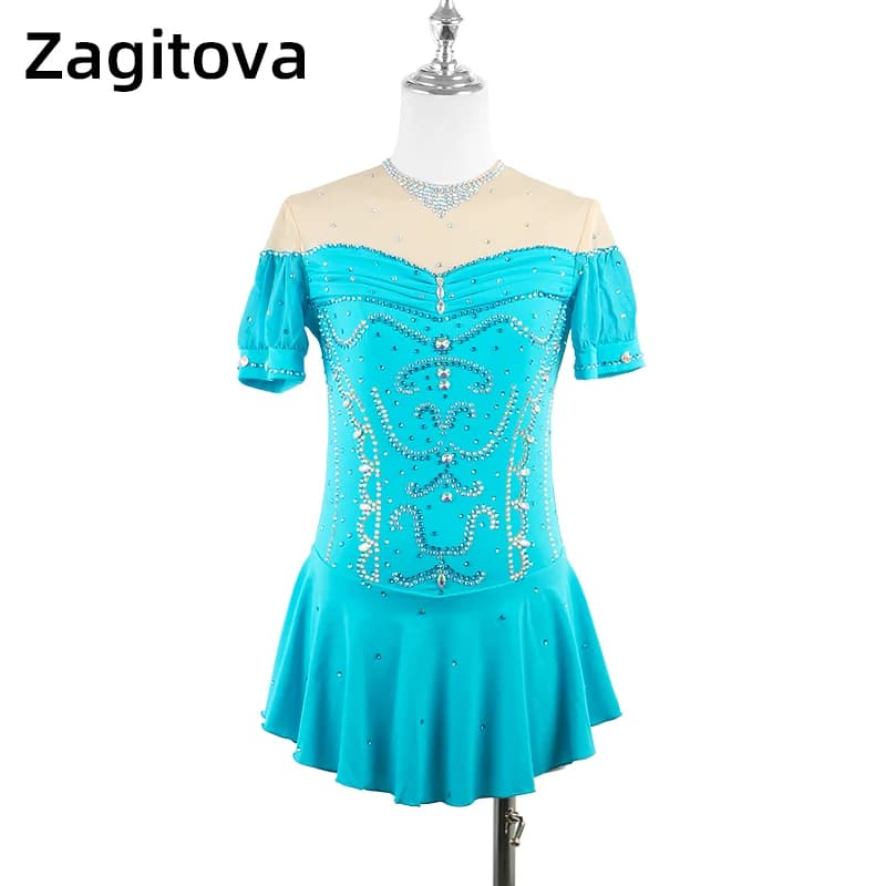 Robe de patinage artistique pour femmes et filles, tenue de concours de strass, jupe bleue pour concours de niveau de Performance de princesse pour adolescentes