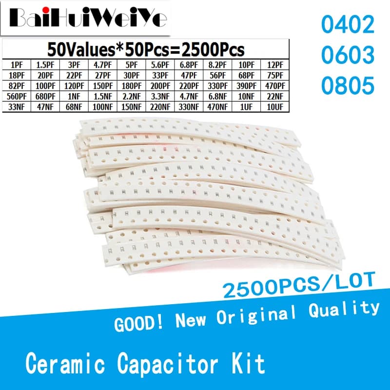 Puces en céramique SMD assorties, 2500 pièces/uno 0402 0603 0805, kit 191 1PF-10UF, 50 valeurs x 50 pièces