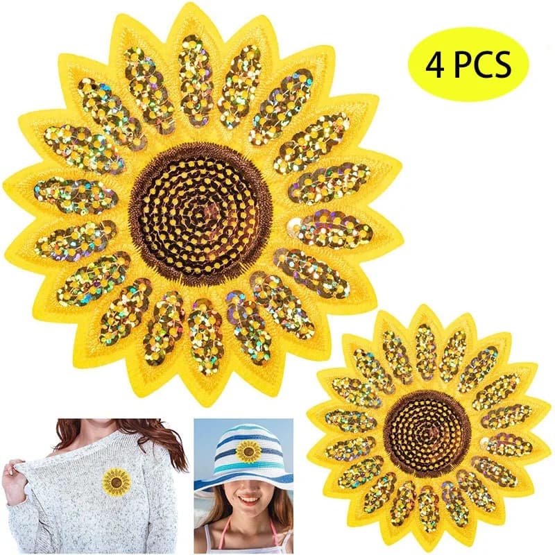 Patchs de broderie à paillettes de tournesol, Appliques à repasser/coudre sur vêtements, chapeau de veste en jean 4 pièces