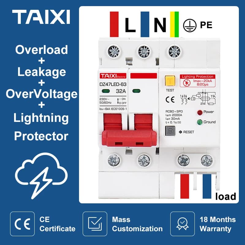 Disjoncteur à courant résiduel SPD avec surcharge RCD RCBO RCCB avec Protection contre la foudre, Protection contre les surtensions et les fuites MCB