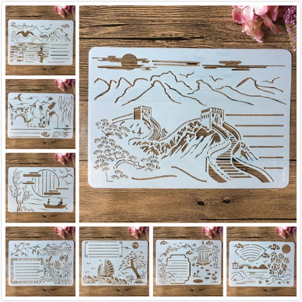 Pochoirs de superposition de la grande muraille traditionnelle chinoise, peinture de bricolage, scrapbooking, coloriage, gaufrage, modèle de décor d'album, A4, 8 pièces