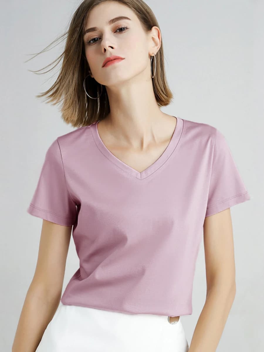 T-shirt Femme Été 2026 Col V Manches Courtes Coton Décontracté Uni Haut Ample Basique