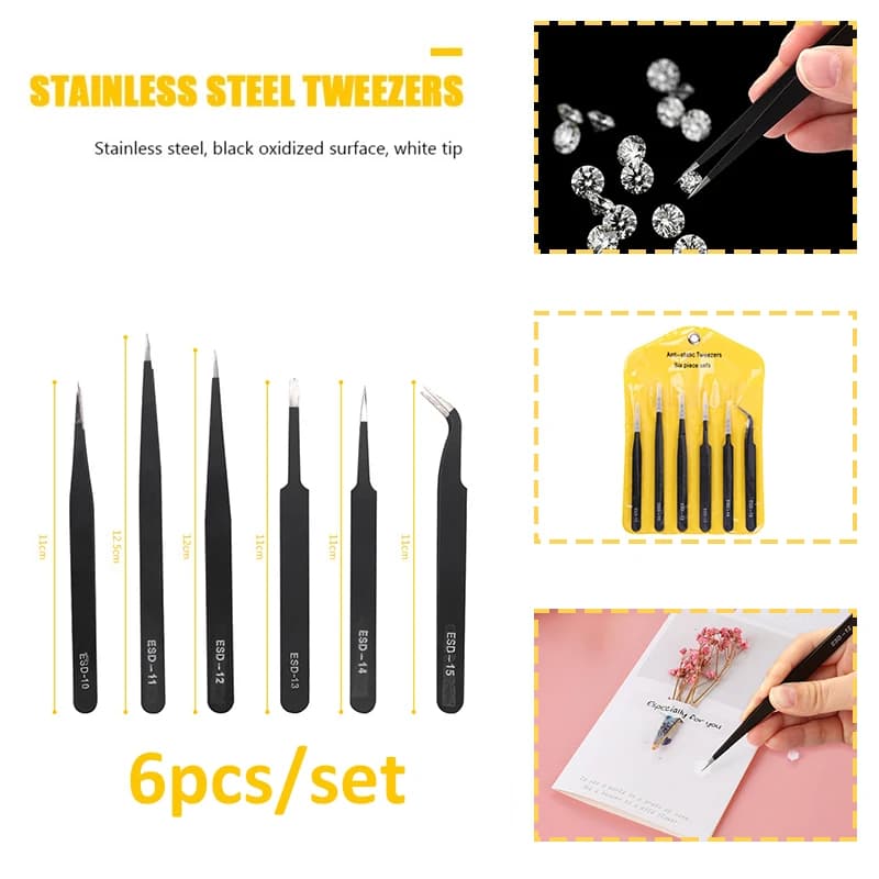 Pincettes anti-leges en acier inoxydable, ramassage de gemmes, points de mousse adhésifs, outils de réparation électroniques, pointe fine/conseil 2021, 6 pièces/ensemble