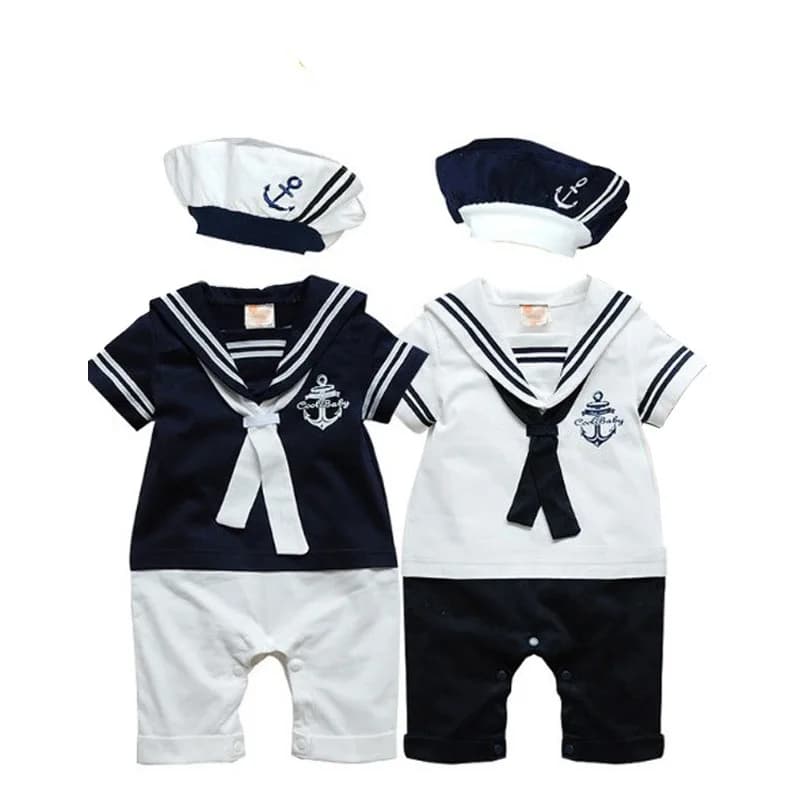 Vêtements d'été pour bébés garçons et filles, barboteuse marine, combinaison de marin pour nouveau-nés, chapeau, ensemble 2 pièces, costume imprimé ancre à manches courtes