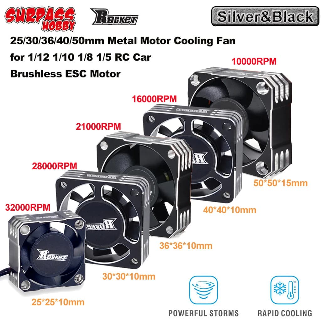 Rocket Surpass Hobby-Ventilateur de refroidissement en métal aluminium, dissipation thermique du moteur ESC RC, argent et noir, 25mm, 30mm, 36mm, 40mm, 50mm