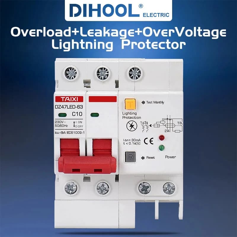 Disjoncteur différentiel DZ47LED 220V 10A 16A 20A 40A 32A 63A avec protection contre les surtensions RCBO et protection contre la foudre SPD