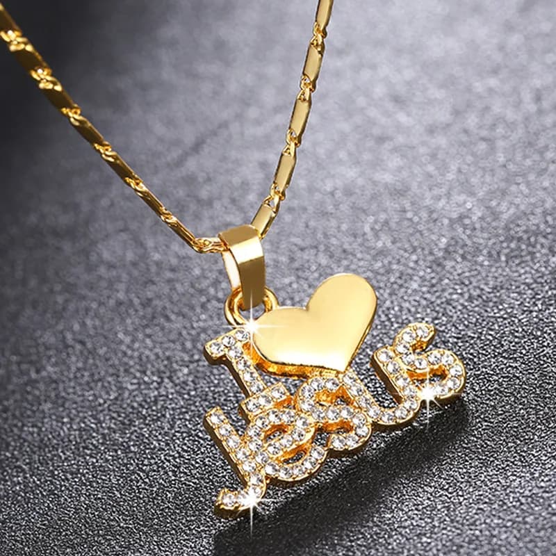 Collier avec pendentif en forme de lettre I LOVE JESUS pour femmes, style bohème, incrusté de cristal, accessoires religieux, bijoux